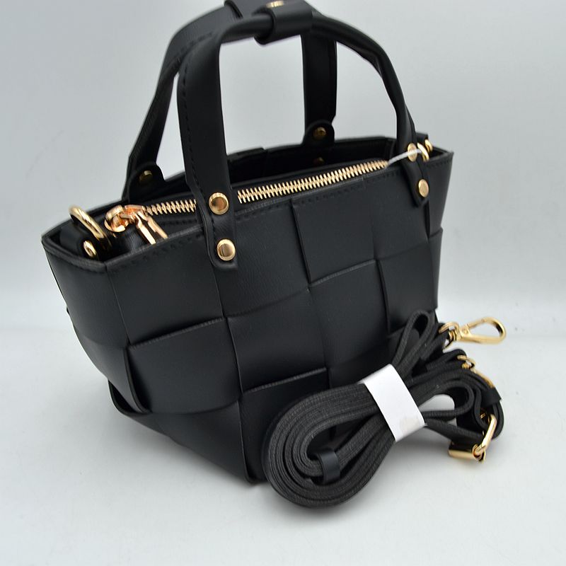 Wide Woven Basket Square Top-Handle Mini Tote Bag with Crossbody Strap - Black - Shoulder Bag
