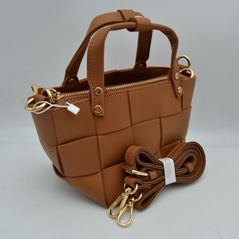 Wide Woven Basket Square Top-Handle Mini Tote Bag with Crossbody Strap - Brown - Shoulder Bag