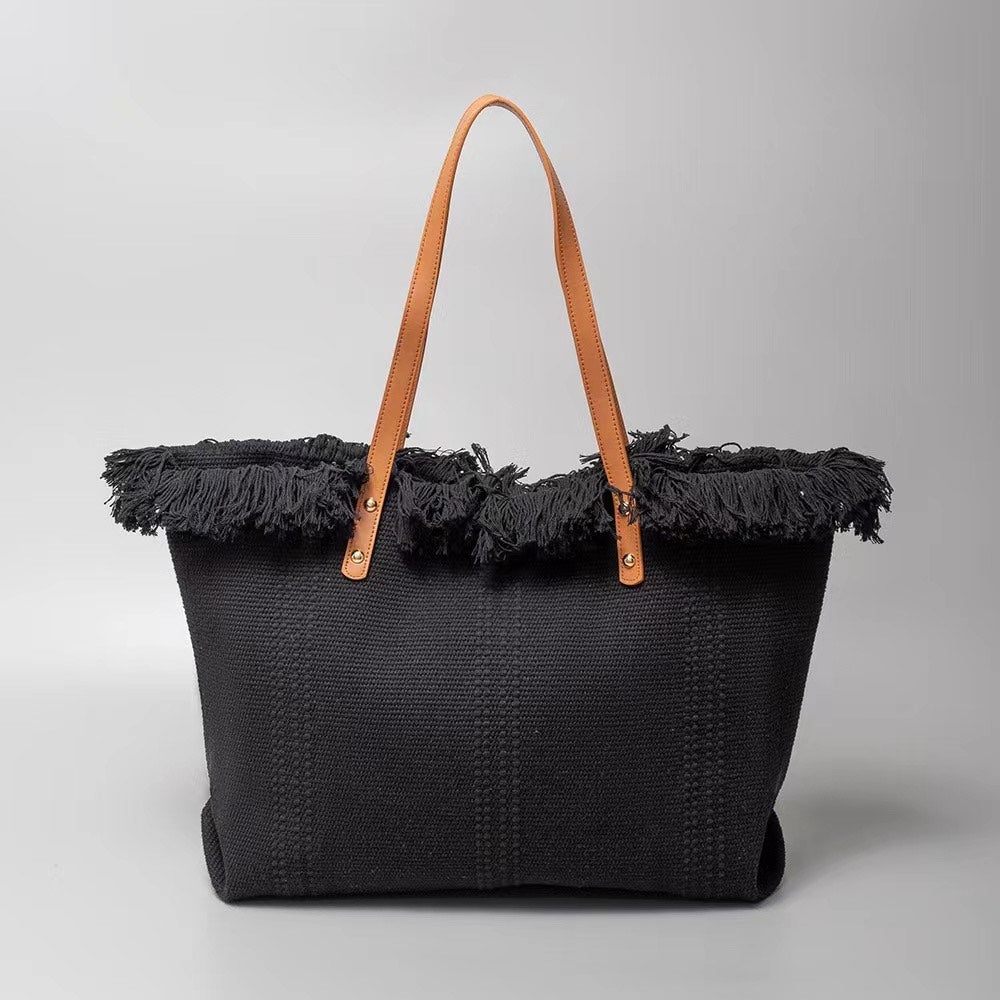 Classic Trapeze Tote Bag with Dual Handles and Ring Detail - Black - Tote Bag