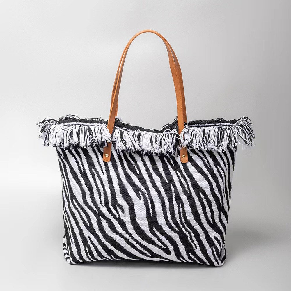 Classic Trapeze Tote Bag with Dual Handles and Ring Detail - Zebra - Tote Bag