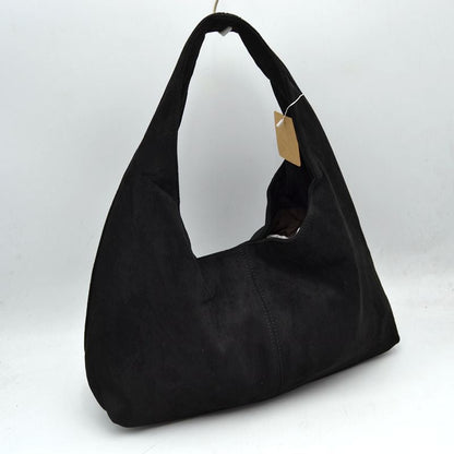 Minimalist Slouchy Hobo Shoulder Bag with Wide Strap - Black - Shoulder Bag