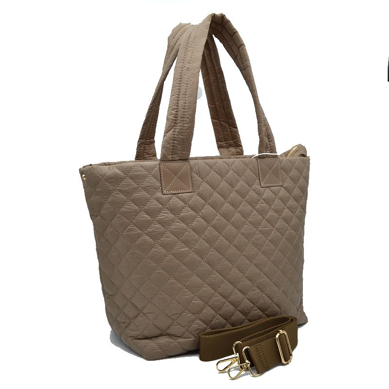 Quilted Tote Bag with Padded Dual Handles - Brown - Tote Bag