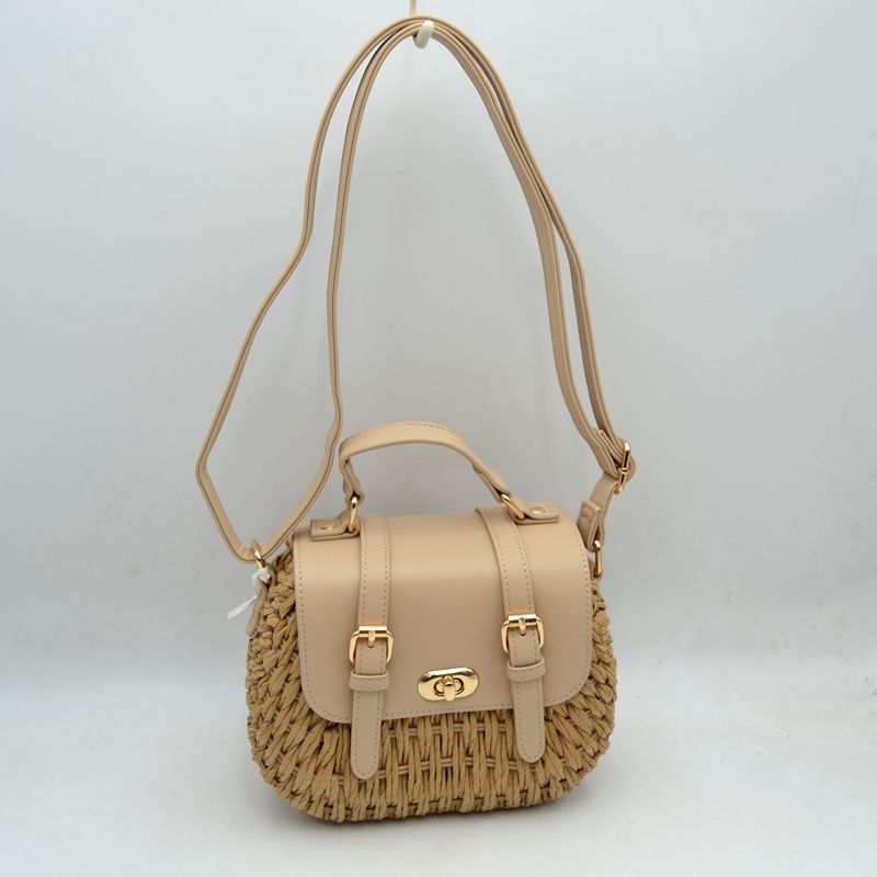 Woven Straw Satchel Bag with Faux Leather Flap and Double Buckle Accent - Beige - Satchel Bag