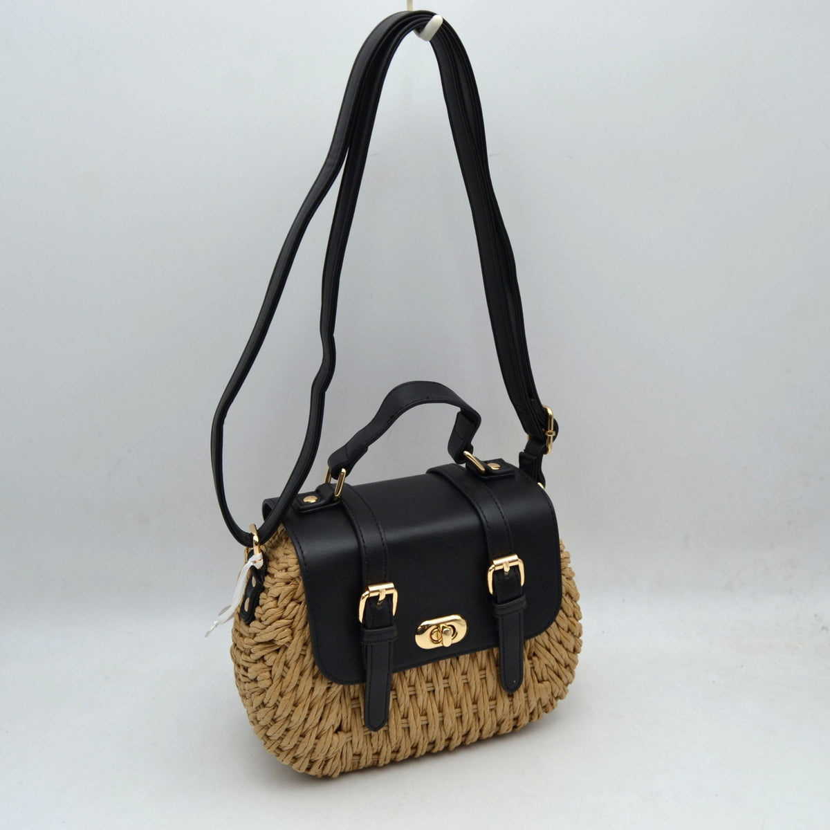 Woven Straw Satchel Bag with Faux Leather Flap and Double Buckle Accent - Black - Satchel Bag