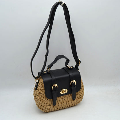 Woven Straw Satchel Bag with Faux Leather Flap and Double Buckle Accent - Black - Satchel Bag