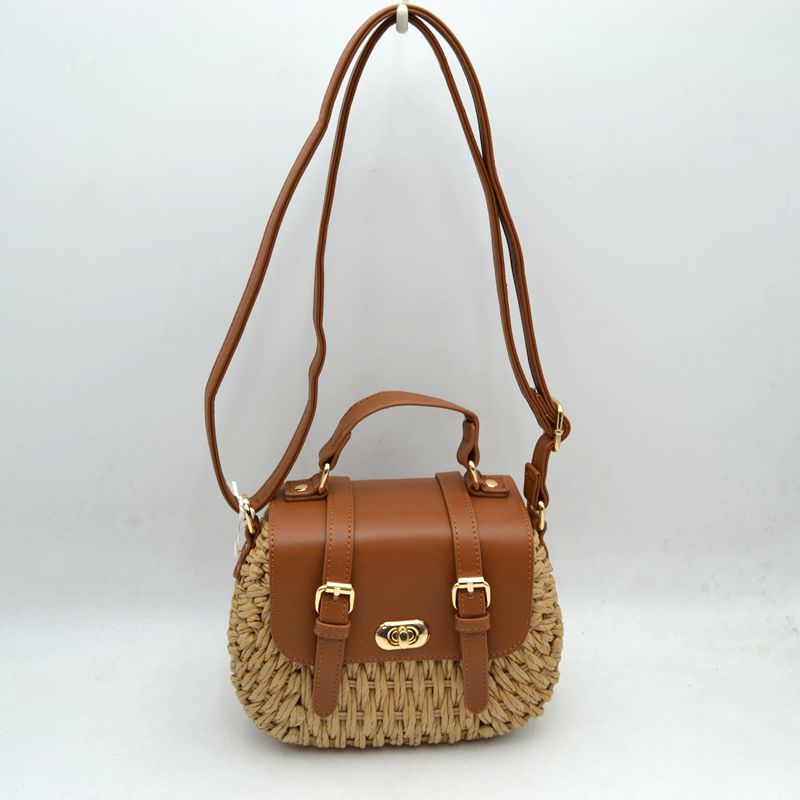 Woven Straw Satchel Bag with Faux Leather Flap and Double Buckle Accent - Brown - Satchel Bag