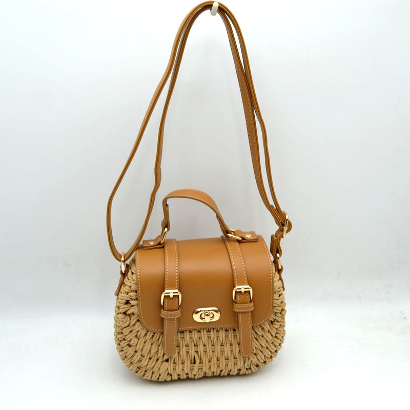 Woven Straw Satchel Bag with Faux Leather Flap and Double Buckle Accent - Tan - Satchel Bag