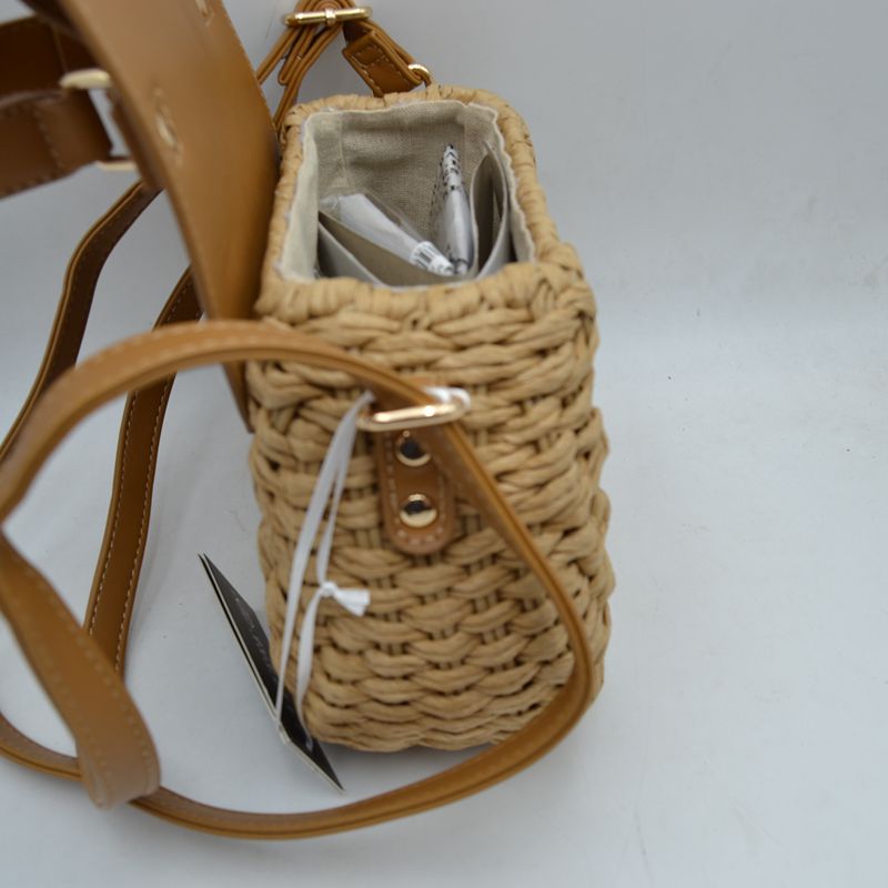 Woven Straw Satchel Bag with Faux Leather Flap and Double Buckle Accent - Satchel Bag