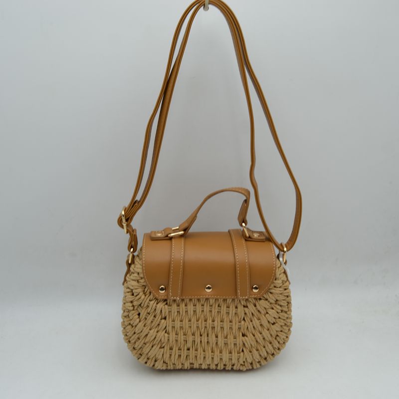 Woven Straw Satchel Bag with Faux Leather Flap and Double Buckle Accent - Satchel Bag