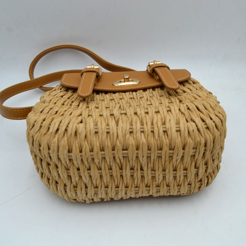Woven Straw Satchel Bag with Faux Leather Flap and Double Buckle Accent - Satchel Bag