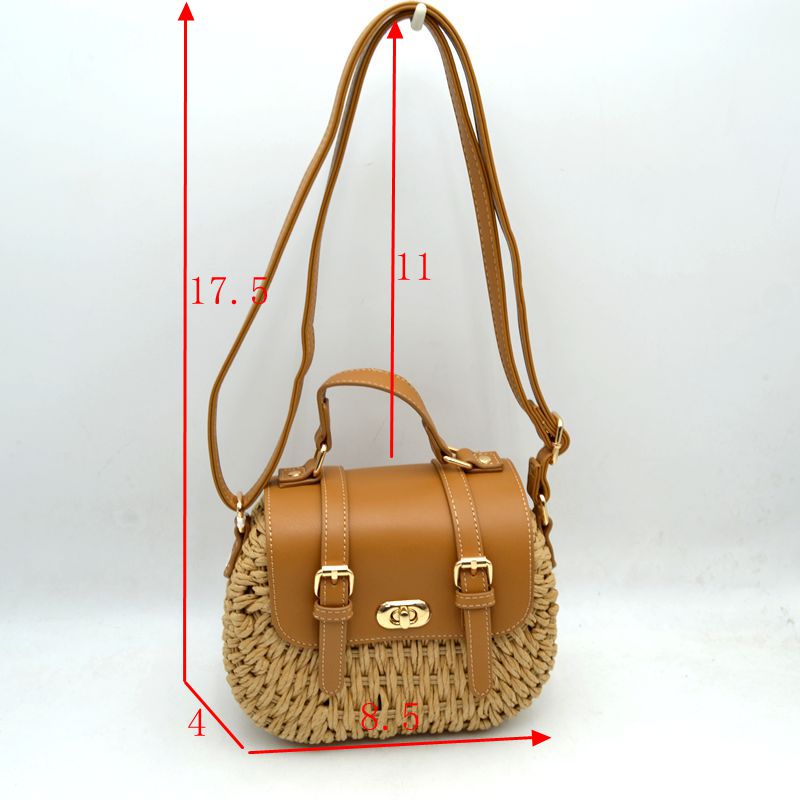 Woven Straw Satchel Bag with Faux Leather Flap and Double Buckle Accent - Satchel Bag