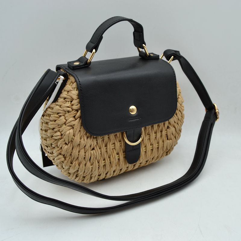 Chic Straw Woven Saddle Bag with Flap & Crossbody Strap - Black - Saddle Bags