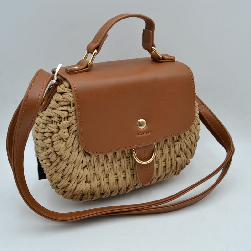 Chic Straw Woven Saddle Bag with Flap & Crossbody Strap - Brown - Saddle Bags