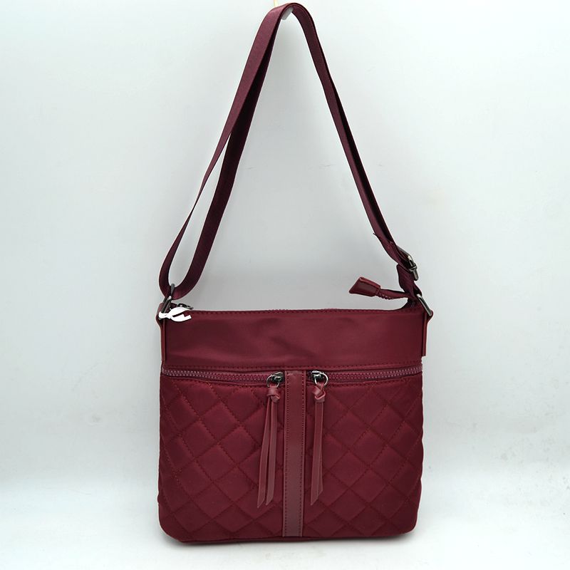 Quilted Crossbody Bag with Front Zipper Pockets and Adjustable Strap - Wine - Crossbody Bags