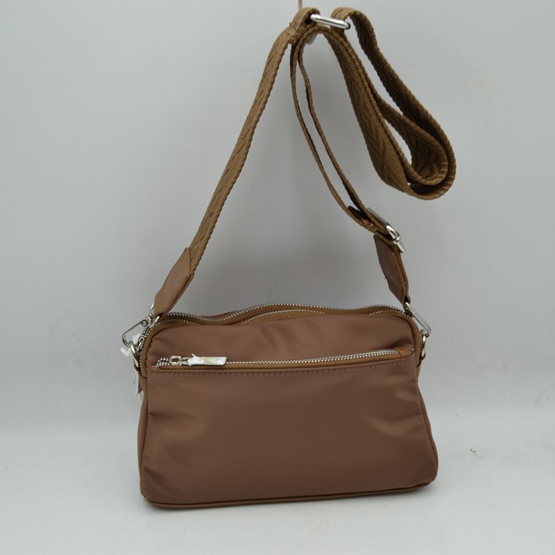 Multi-Zipper Nylon Crossbody Bag with Wide Textured Strap - Brown - Crossbody Bags