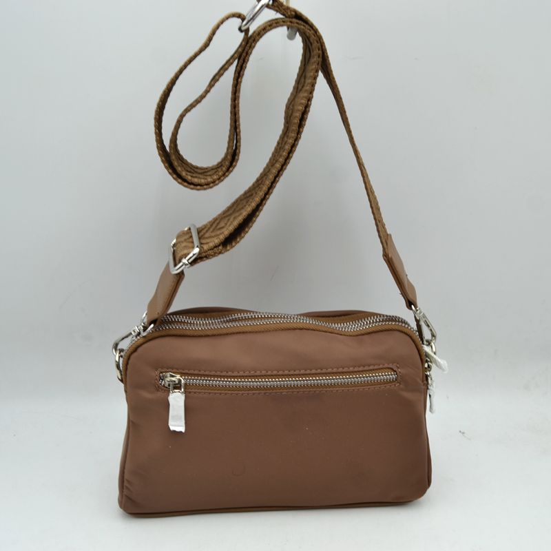 Multi-Zipper Nylon Crossbody Bag with Wide Textured Strap - Crossbody Bags