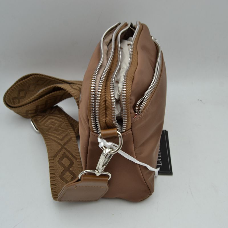 Multi-Zipper Nylon Crossbody Bag with Wide Textured Strap - Crossbody Bags