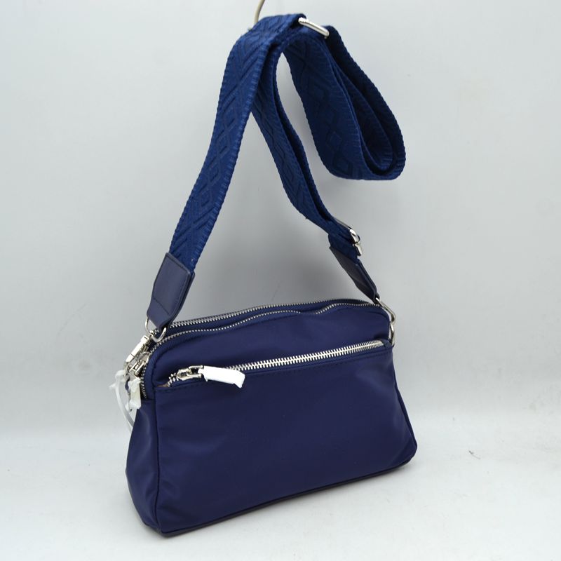 Multi-Zipper Nylon Crossbody Bag with Wide Textured Strap - Navy Blue - Crossbody Bags