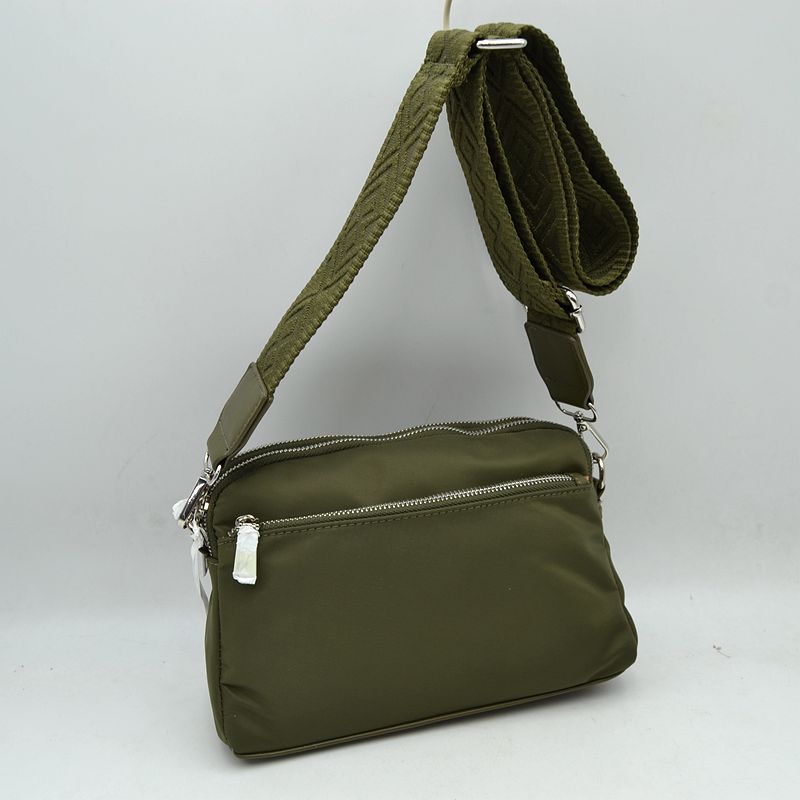 Multi-Zipper Nylon Crossbody Bag with Wide Textured Strap - Olive - Crossbody Bags