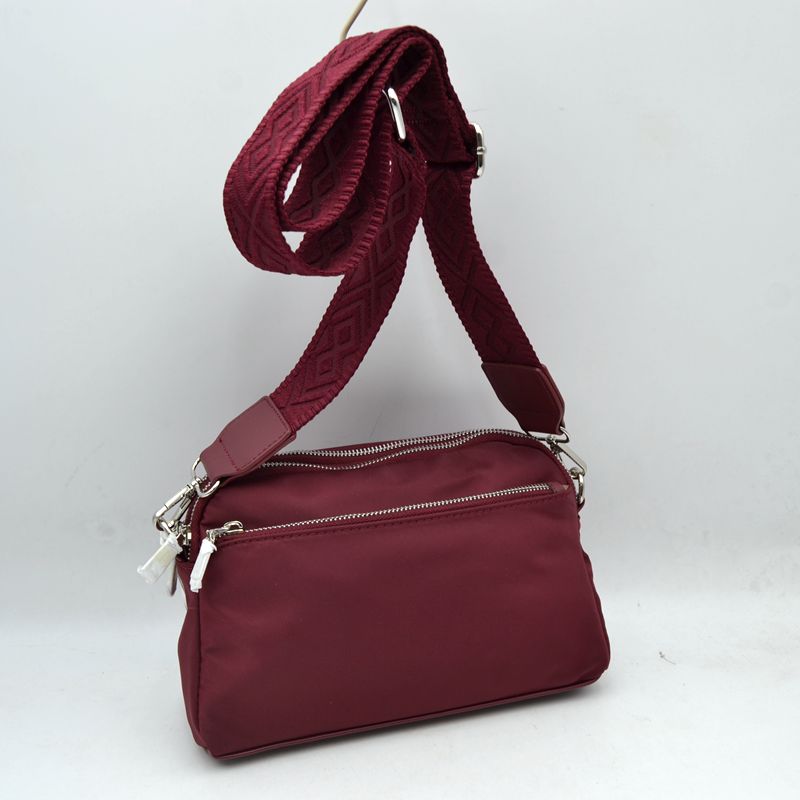 Multi-Zipper Nylon Crossbody Bag with Wide Textured Strap - Wine - Crossbody Bags