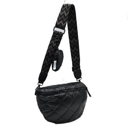 Chevron Strap Puffer Sling Bag | Crossbody Bag with Coin Pouch - Black - Crossbody Bags