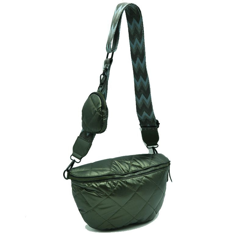 Chevron Strap Puffer Sling Bag | Crossbody Bag with Coin Pouch - Olive - Crossbody Bags
