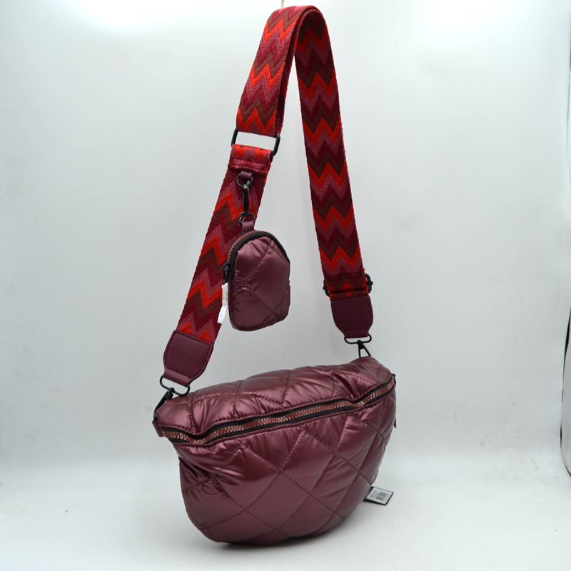 Chevron Strap Puffer Sling Bag | Crossbody Bag with Coin Pouch - Wine - Crossbody Bags