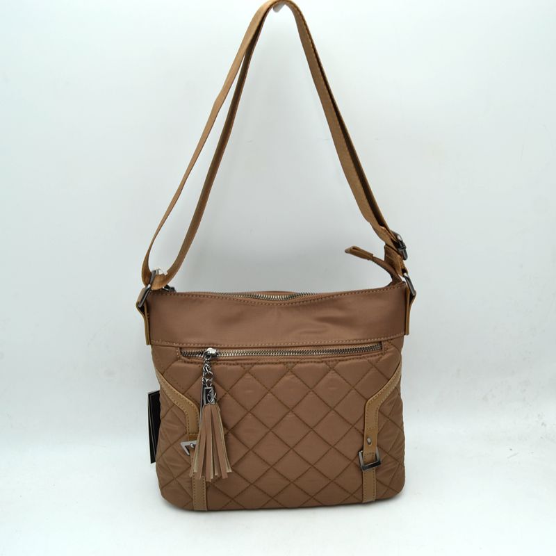 Quilted Nylon Crossbody Bag with Buckle Accents and Tassel Charm - Brown - Crossbody Bags