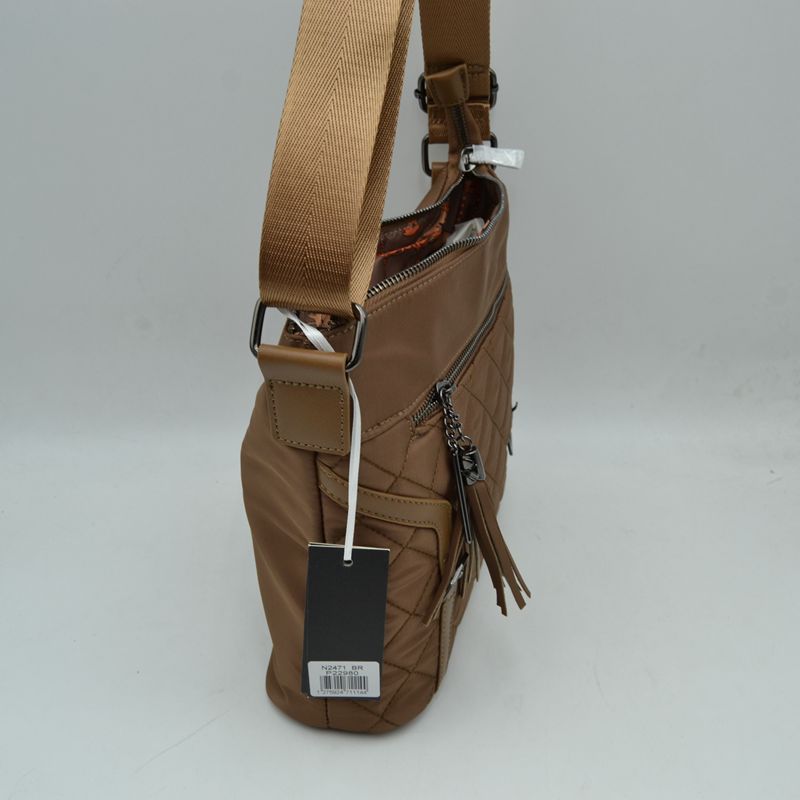 Quilted Nylon Crossbody Bag with Buckle Accents and Tassel Charm - Crossbody Bags