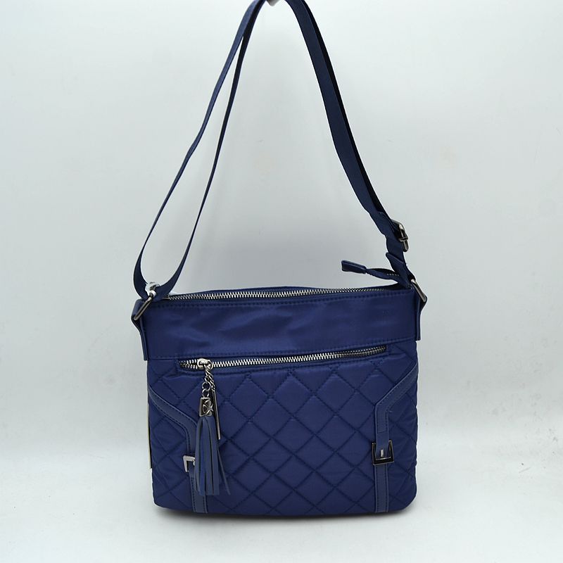 Quilted Nylon Crossbody Bag with Buckle Accents and Tassel Charm - Navy Blue - Crossbody Bags