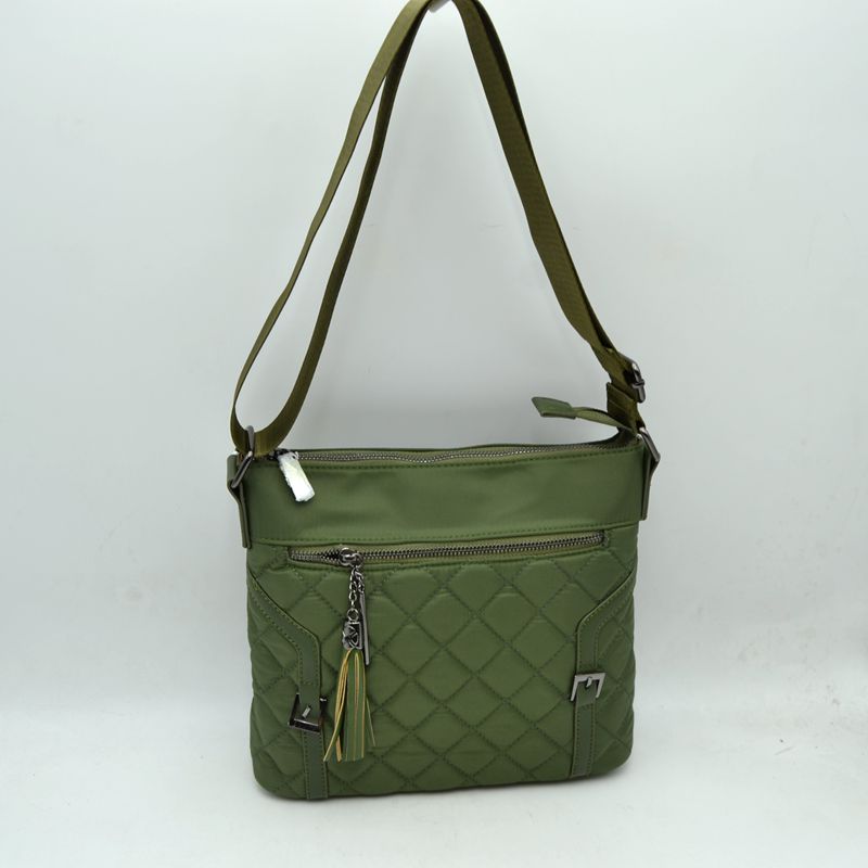 Quilted Nylon Crossbody Bag with Buckle Accents and Tassel Charm - Olive - Crossbody Bags