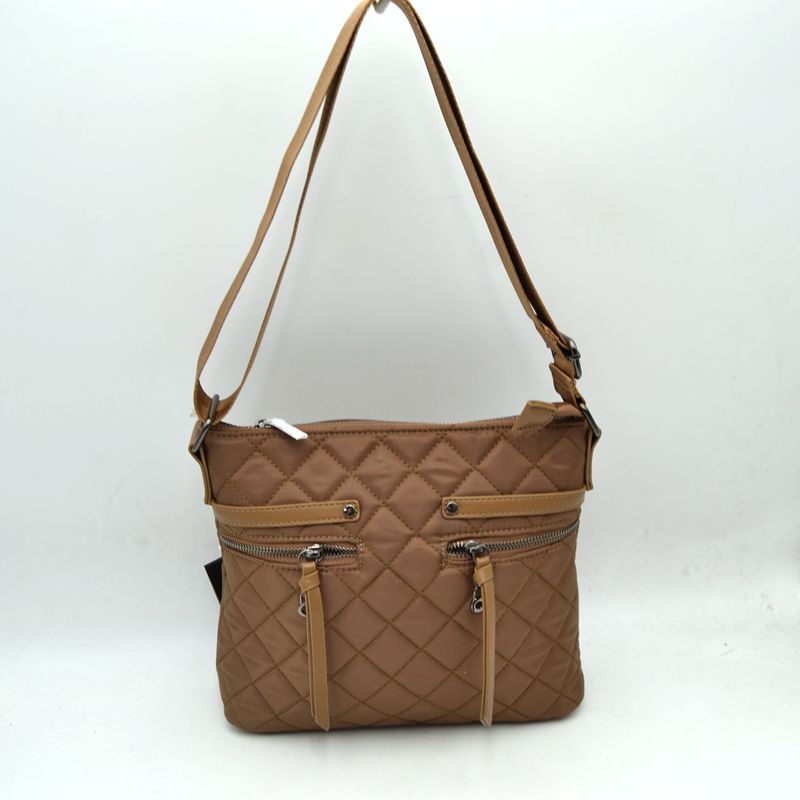 Classic Quilted Nylon Crossbody Bag with Multi-Zipper Pockets - Brown - Crossbody Bags