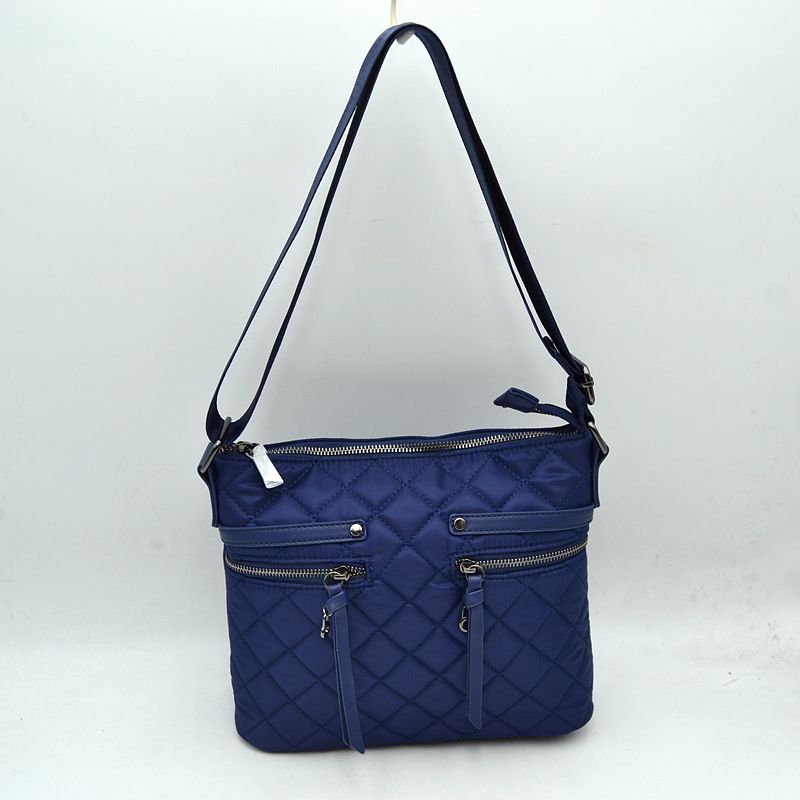 Classic Quilted Nylon Crossbody Bag with Multi-Zipper Pockets - Navy Blue - Crossbody Bags