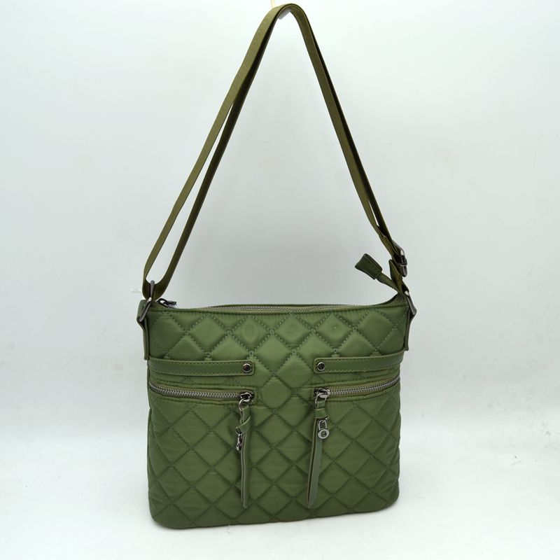 Classic Quilted Nylon Crossbody Bag with Multi-Zipper Pockets - Olive - Crossbody Bags