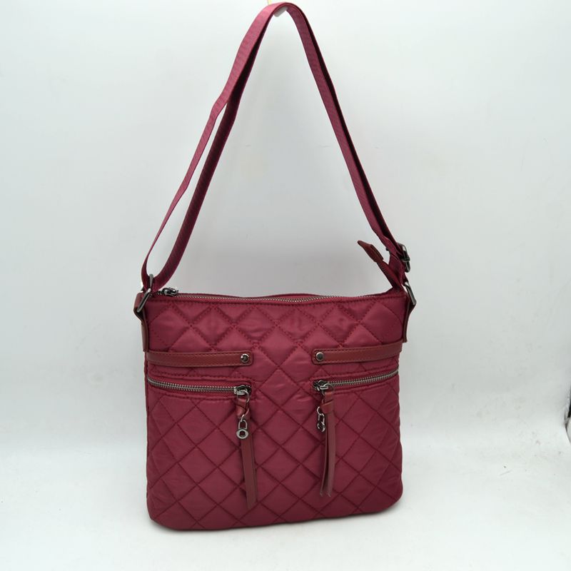 Classic Quilted Nylon Crossbody Bag with Multi-Zipper Pockets - Wine - Crossbody Bags
