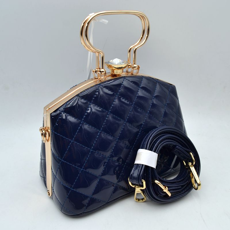 Quilted Top-Handle Handbag with Detachable Shoulder Strap - Navy Blue - Hand Bag