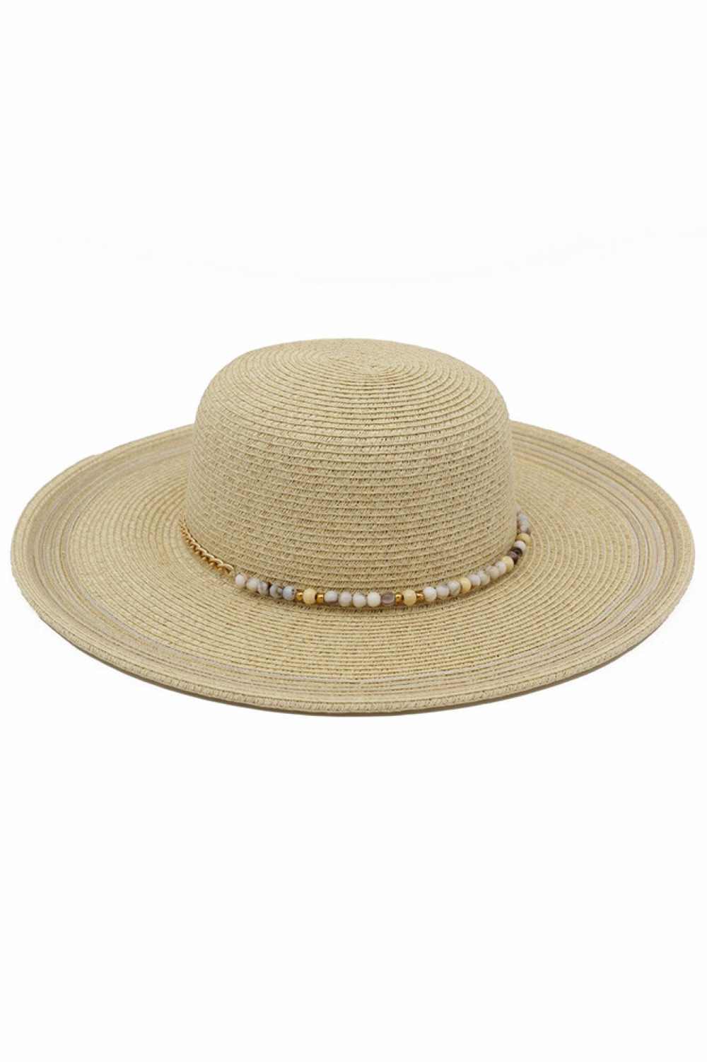 Natural Protect yourself in style with this charming summer straw sun hat, featuring a striking turquoise stone-beaded band. Crafted from a breathable blend of 80% paper and 20% polyester, it offers lightweight comfort for all-day wear. The UPF 50+ UV protection shields your face and neck from harmful sun rays, making it perfect for beach days, outdoor events, and sunny adventures. Whether you're lounging poolside or exploring a new destination, this versatile hat combines practical sun protection with effo