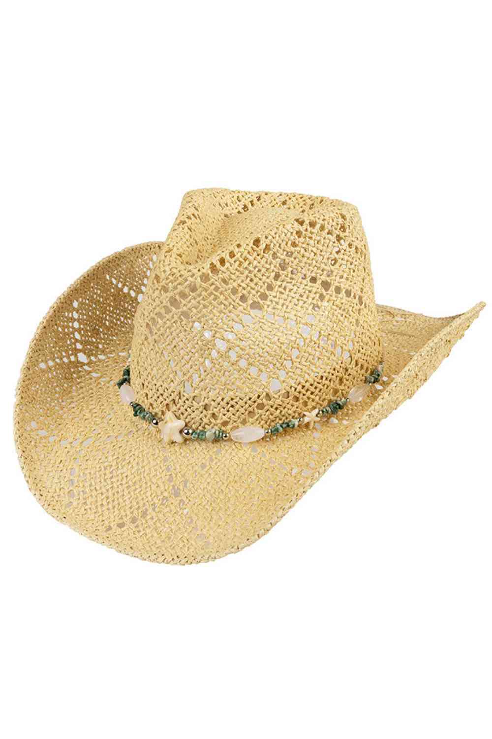 Natural Step into bold Western style with this C.C paper cowboy hat, showcasing an eye-catching starfish and bead band pattern. Made from 100% paper, it's breathable and lightweight—ideal for warm weather adventures. With a 22.6" circumference, 3.5" brim, and 4.5" crown height, this one-size hat delivers comfort and flair. Whether you're heading to a festival, beach day, or casual outing, it's the perfect accessory to elevate your look. Made in China.