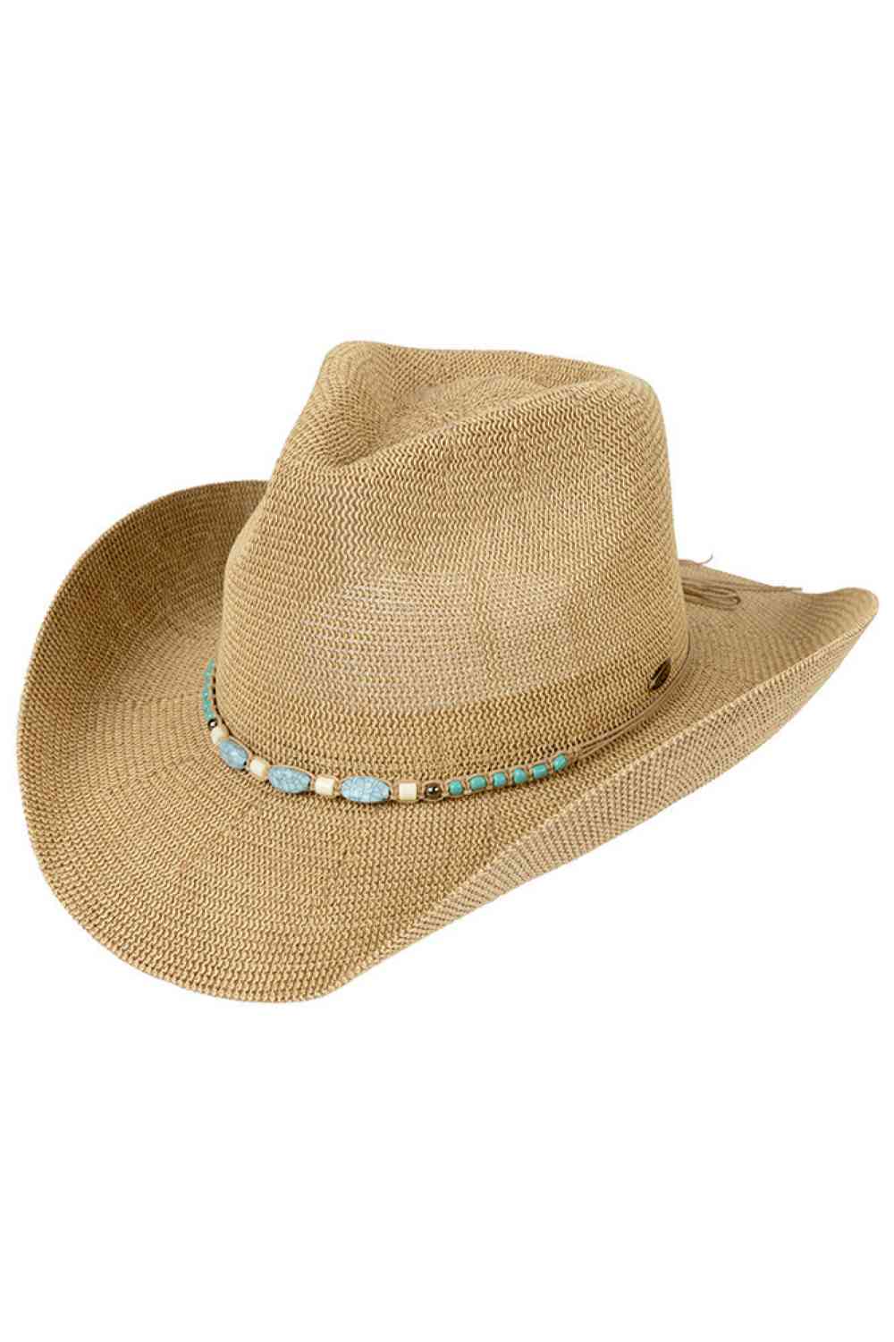 Natural Elevate your western style with this striking C.C Cowboy Hat, featuring a beautiful turquoise stone accent and decorative beaded string band. Crafted from a breathable blend of 60% paper and 40% polyester, this one-size hat offers comfort and durability for all-day wear. The knitted construction provides a soft, flexible fit with a generous 22.6" circumference. The 3.5" brim shields from the sun while the 4.5" crown delivers that classic cowboy silhouette. Perfect for festivals, ranch days, or addin