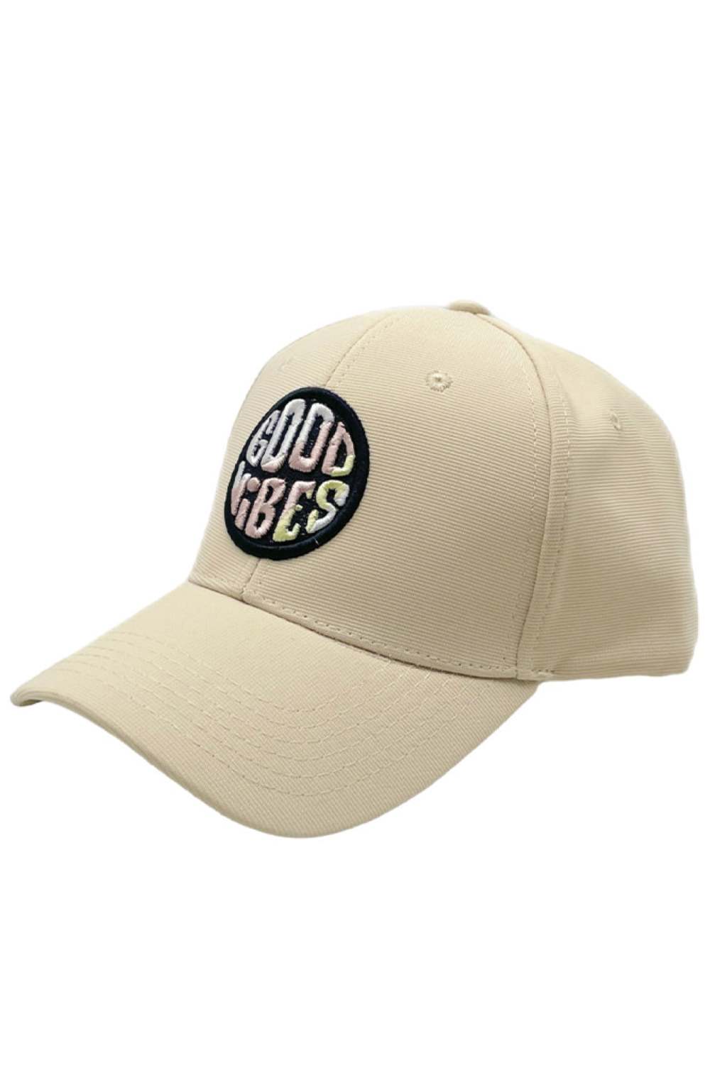 Natural Bring positive energy to your outfit with this GOOD VIBES multi-color baseball cap, featuring vibrant tones and a bold embroidered design on the front. The classic curved brim and adjustable back ensure a comfortable, secure fit, perfect for casual wear, festivals, or sunny outdoor adventures.