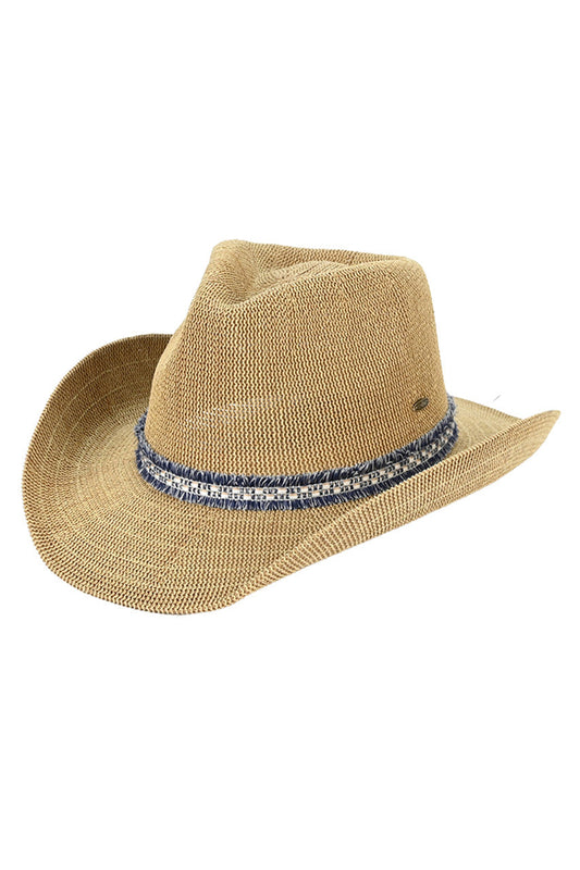 Natural C.C Cowboy Hat With Fringe Trim Bands features stylish fringe trim bands, adding a touch of western flair to any outfit. Made with quality materials, it offers both durability and fashion. Stay on trend and protected from the sun with this must-have accessory for any outdoor enthusiast.