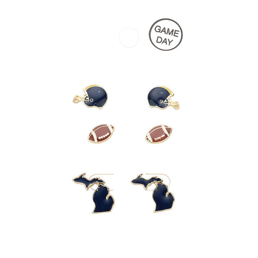 Navy 3Pairs Game Day Helmet University of Michigan Football State Map Stud Earrings. Show your Michigan Wolverine pride with these earrings. An ideal gift option for sports lovers family members, friends, University batchmates, seniors & juniors, and yourself. Show off in style in the game arena with these Earrings!
