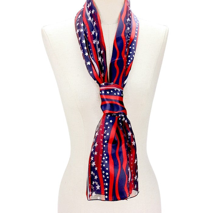 Navy 6 PCS satin scarves feature a sophisticated striped pattern of the American Flag. Made with high-quality materials, these versatile scarves provide a unique touch to any outfit. Perfect for patriotic events or everyday wear, these scarves are a must-have for any fashion-forward individual.