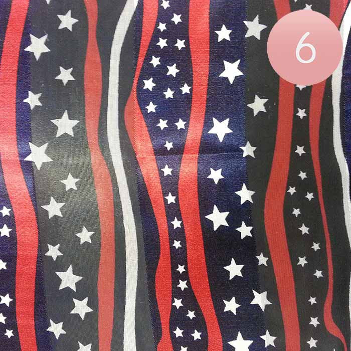Navy 6 PCS satin scarves feature a sophisticated striped pattern of the American Flag. Made with high-quality materials, these versatile scarves provide a unique touch to any outfit. Perfect for patriotic events or everyday wear, these scarves are a must-have for any fashion-forward individual.