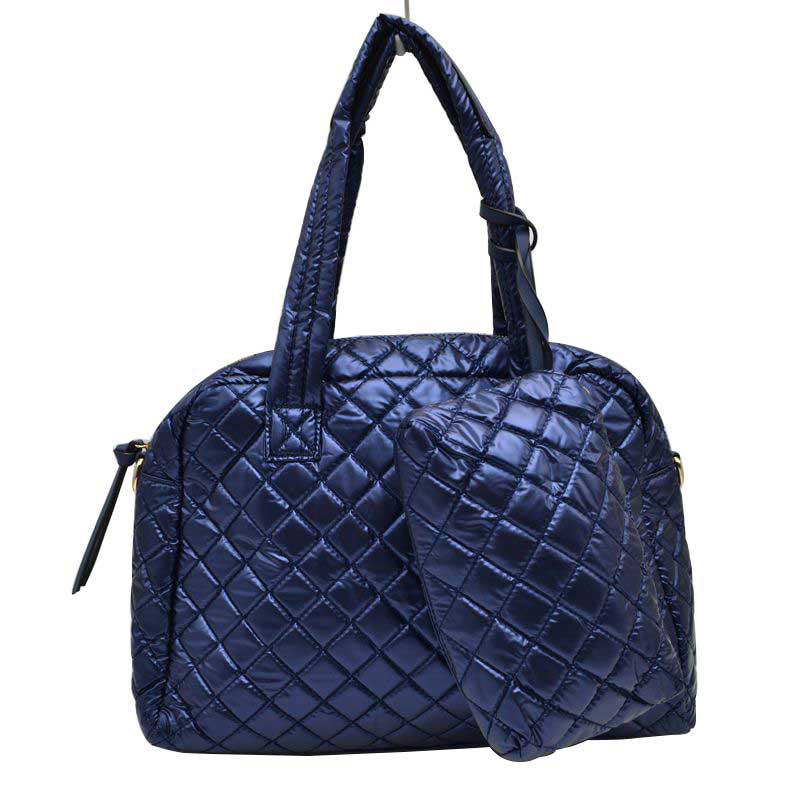 2-in-1 Large Quilted Tote Bag with Pouch - Navy Blue - Tote Bag