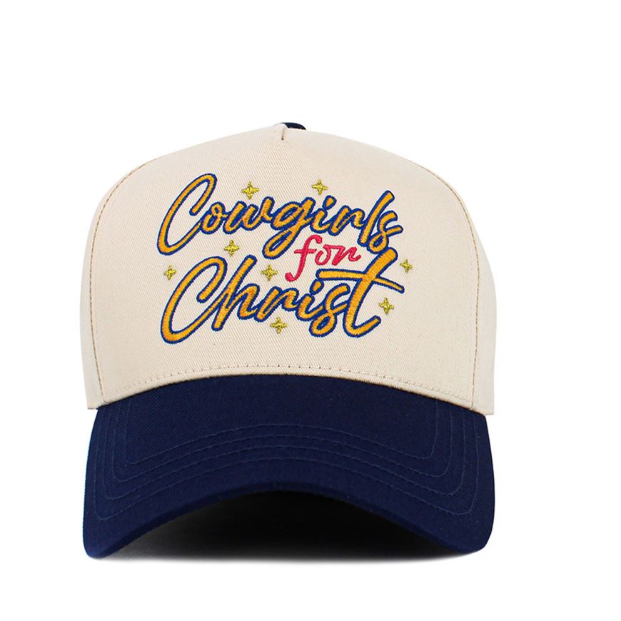 Navy Celebrate faith with western flair in this COWGIRLS FOR CHRIST two-tone five-panel baseball cap, featuring bold lettering that makes a meaningful statement. Designed for everyday comfort and casual style, it’s perfect for church events, outdoor activities, or adding a faith-forward touch to any outfit.