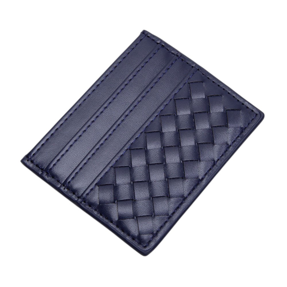 Navy Faux Leather Basket Weave Card Holder Wallet boasts a stylish basket weave design. Made from durable materials, it can securely hold multiple cards and cash while keeping a slim profile. Perfect for those looking for a sophisticated and functional accessory.