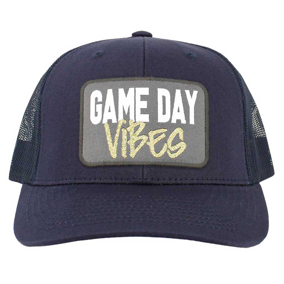 Navy Game Day Vibes Message Mesh Back Baseball Cap, offers a semi-structured profile and a two-tone mesh back, perfect for entertaining your friends on game day. Its pre-curved visor and adjustable snapback closure provide a comfortable fit. The eye-catching message and detailed embroidery leave an unforgettable impression.