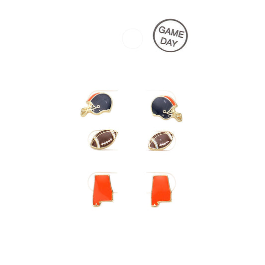 Navy Orange 3Pairs Game Day Auburn University Helmet Football State Map Stud Earrings. Show your team spirit with these earrings. Show your team pride and represent your favorite team with these game day earrings. Ideal gift choice for sport lover friends and family members.