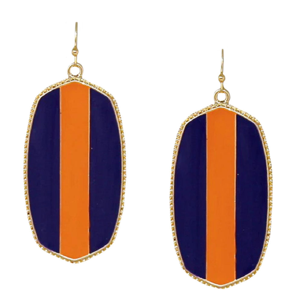 Navy Orange Game Day Hexagon Frame Enamel Drop Earrings, adorn yourself with game day drop earrings! Take your love for statement accessorizing to a new level of affection with these hexagon frame enamel drop earrings! These beautifully unique designed earrings with beautiful colors are suitable as gifts for wives, girlfriends, lovers, friends, and mothers. Perfect gift for those who are sports lovers. Get ready to make a sartorial statement! Awesome everyday day wear pairs well with any outfit.